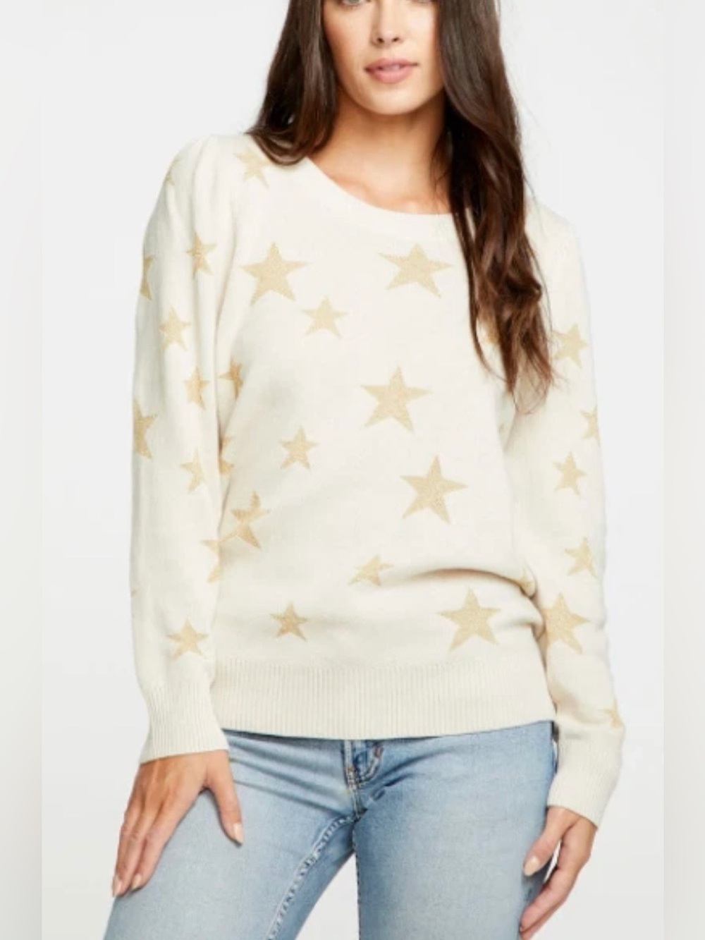 Chaser Cream Gold Star-Print Knit Sweater Size Small